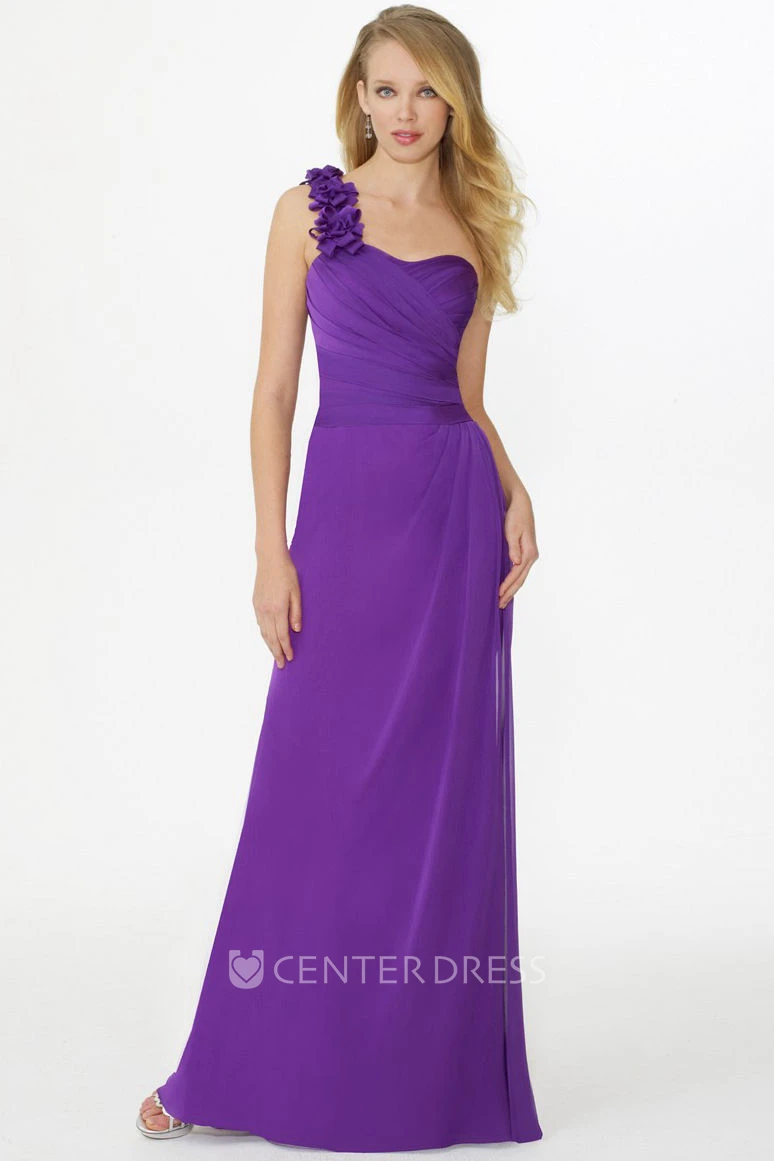 Floral Sleeveless One-Shoulder Chiffon Bridesmaid Dress