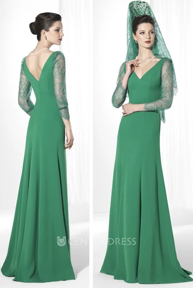 3-4-Sleeve V-Neck Lace Floor-Length Jersey Prom Dress