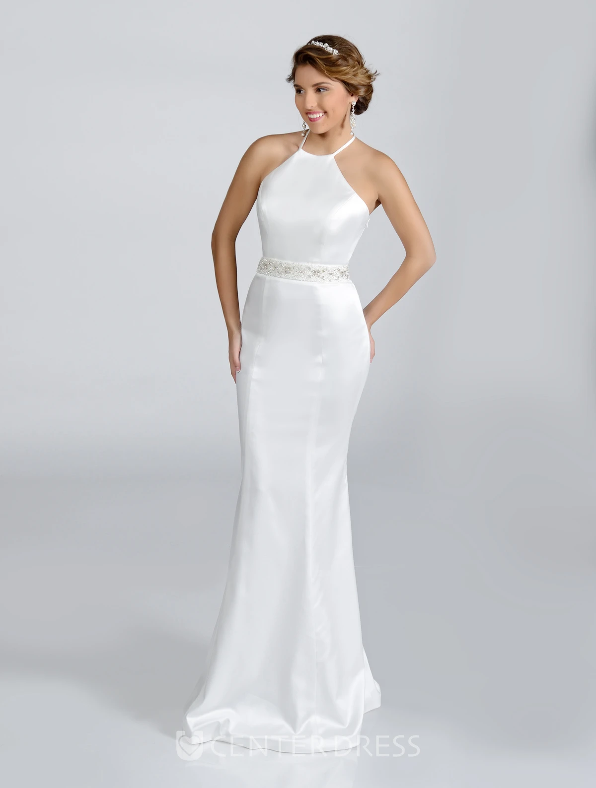 Sheath Satin Halter Wedding Dress With Crystal Detailed Waist