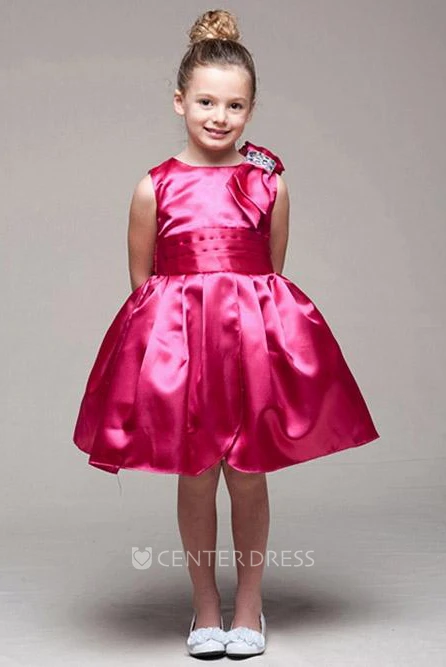 Knee-Length Sleeveless Bowed Satin Flower Girl Dress
