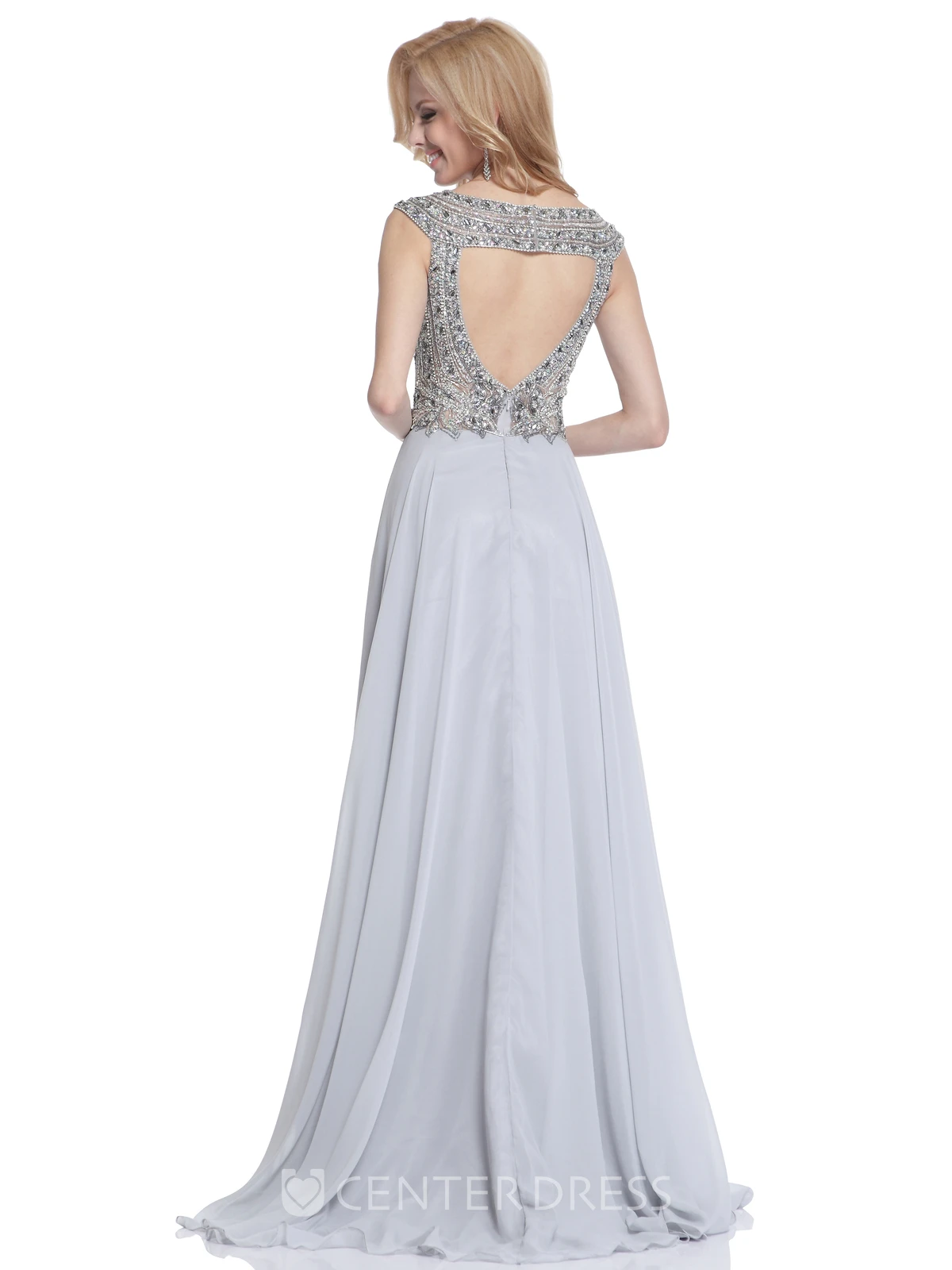A-Line Bateau Sleeveless Chiffon Keyhole Dress With Crystal Detailing