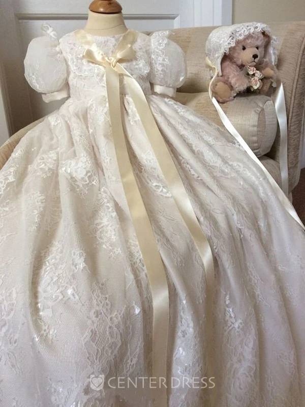 Puff Sleeve Adorable Christening Gown With Bow Appliqued