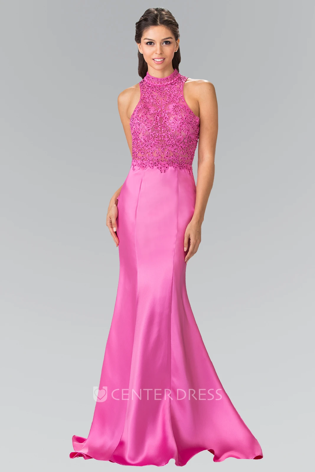Mermaid High Neck Satin Keyhole Dress With Cascading Ruffles And Appliques