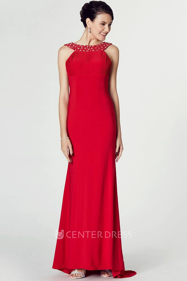 High-Low Beaded Scoop Neck Sleeveless Jersey Prom Dress With Brush Train