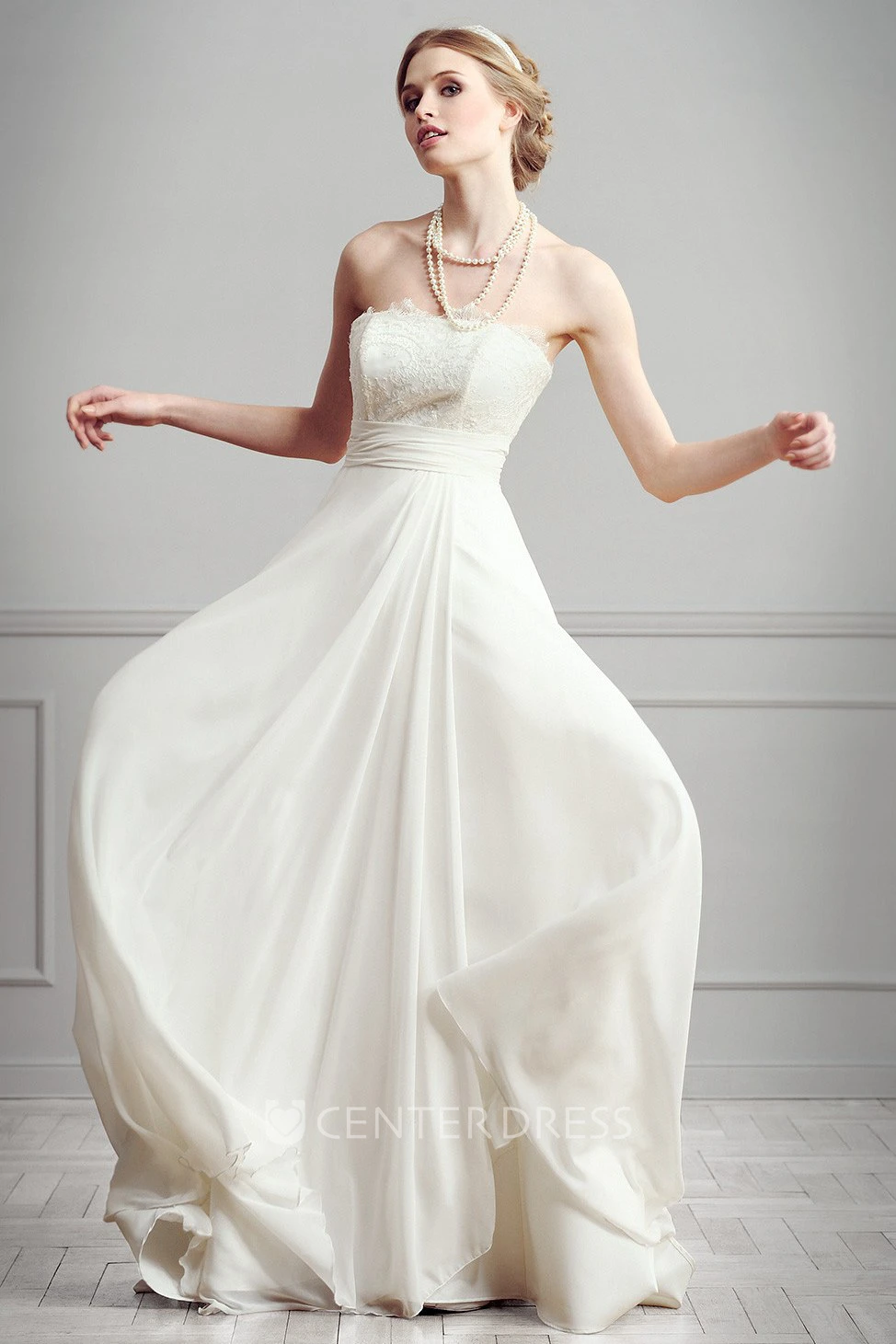 Sheath Lace Strapless Floor-Length Sleeveless Chiffon Wedding Dress