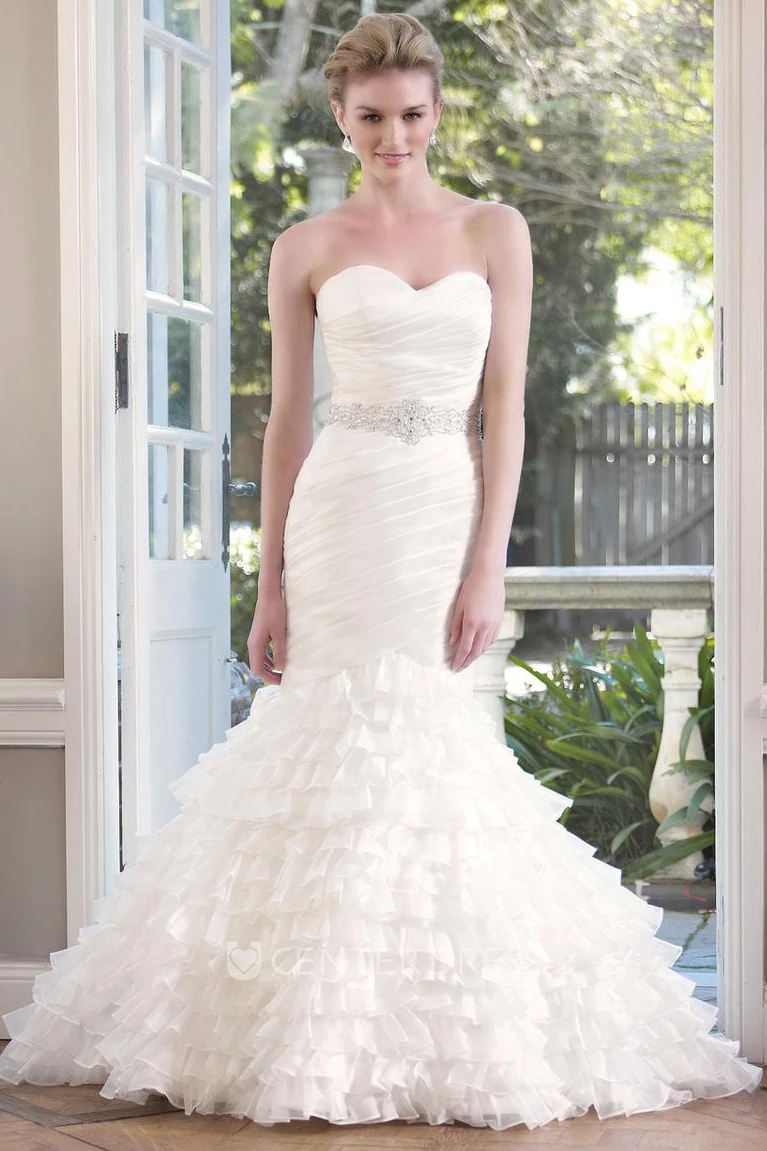 Mermaid Sweetheart Jeweled Organza Wedding Dress With Tiers And Ruching