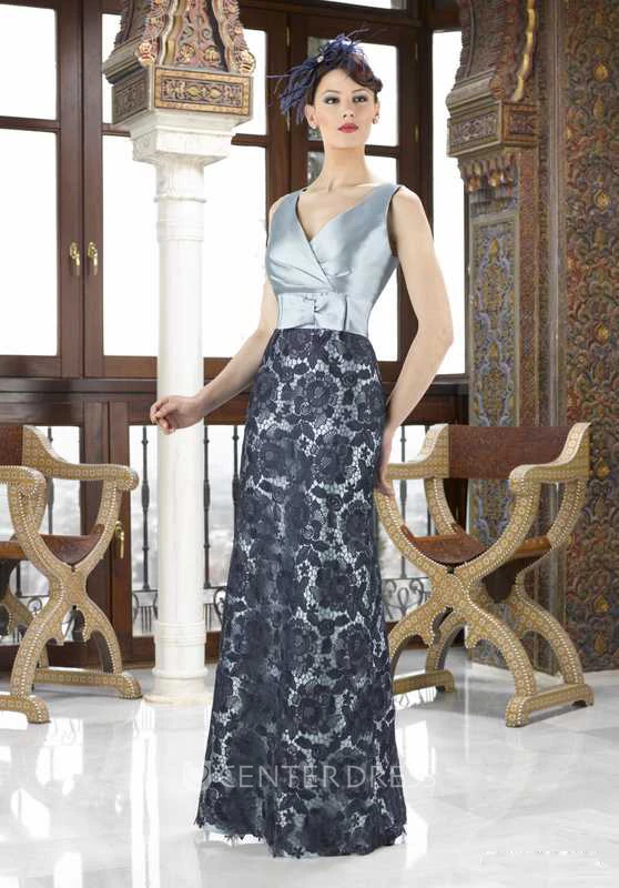 3-4 Sleeve V-Neck Lace Satin Mother Of The Bride Dress With Bow And Jacket