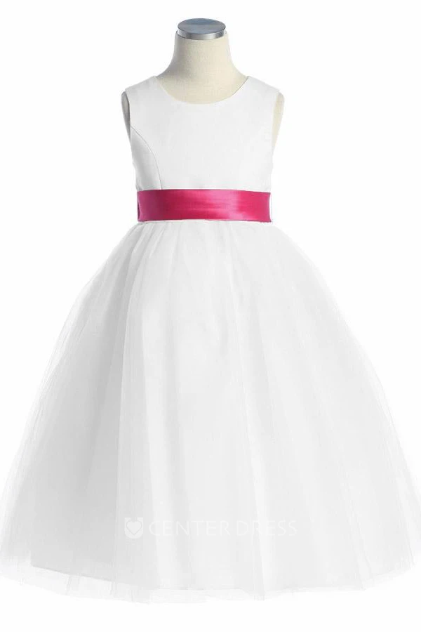 Tea-Length Sleeveless Bowed Tulle&Satin Flower Girl Dress