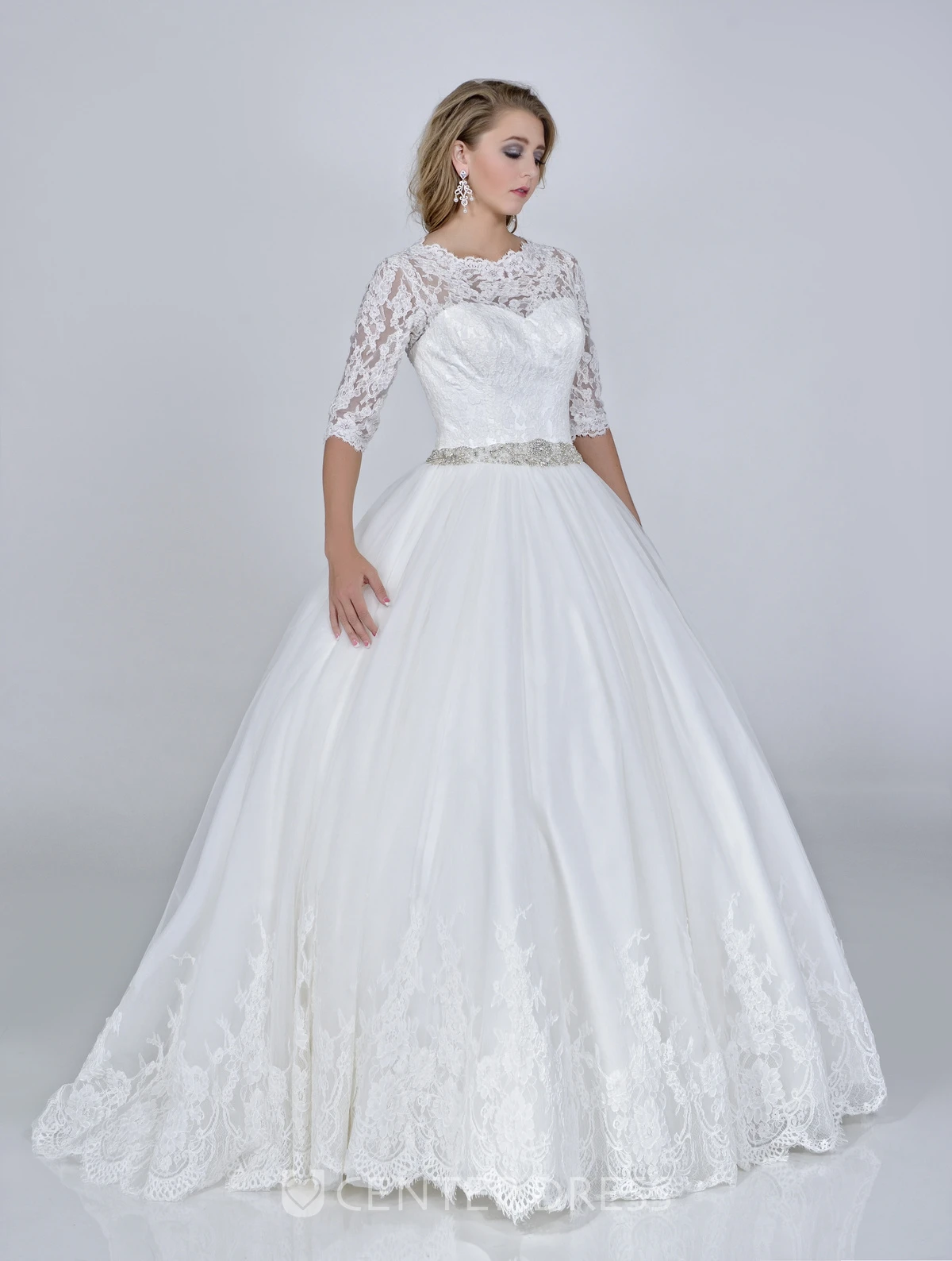 Half Sleeve Lace And Satin Ball Gown With Crystal Detailed Waist
