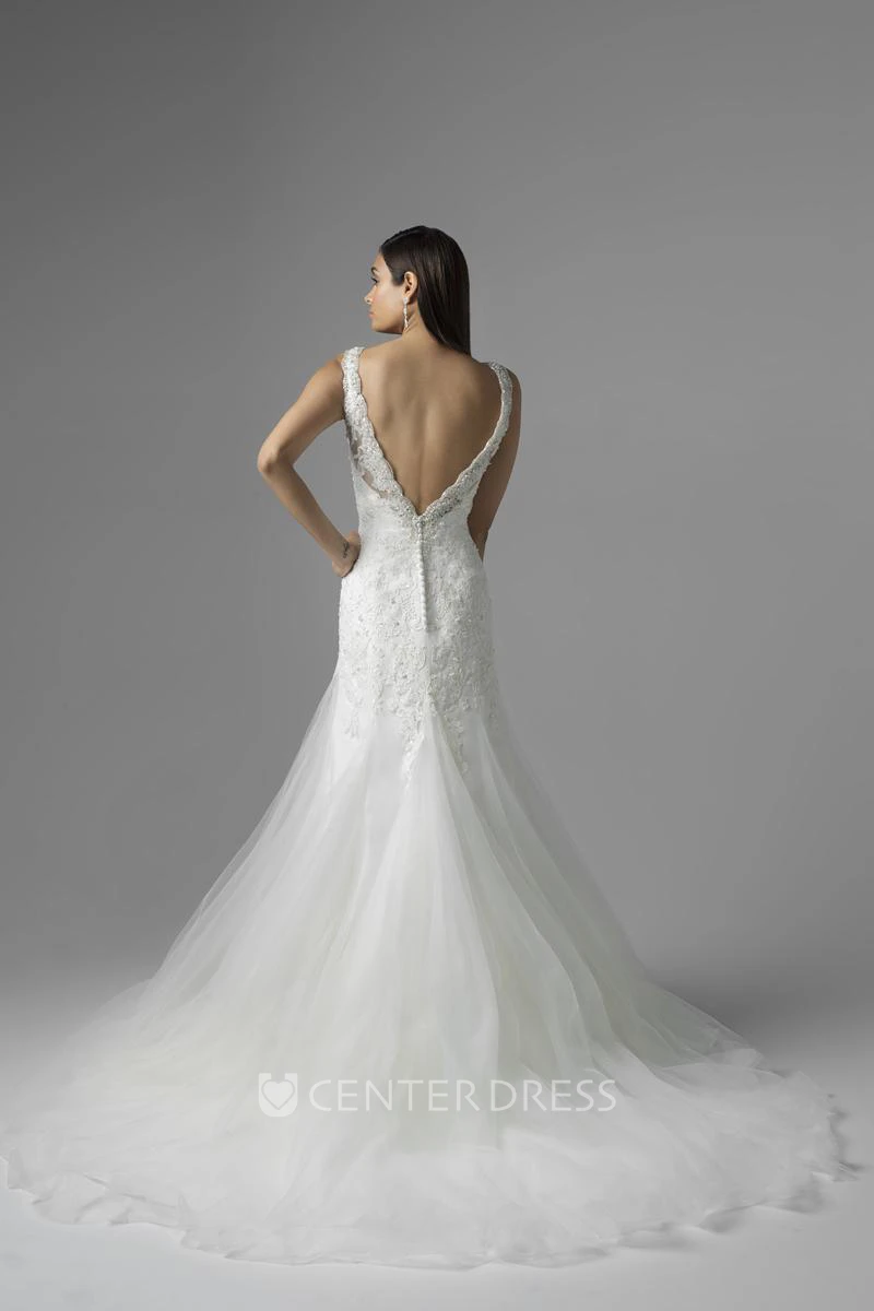 A-Line Sleeveless V-Neck Floor-Length Appliqued Tulle&Lace Wedding Dress With Beading And Deep-V Back