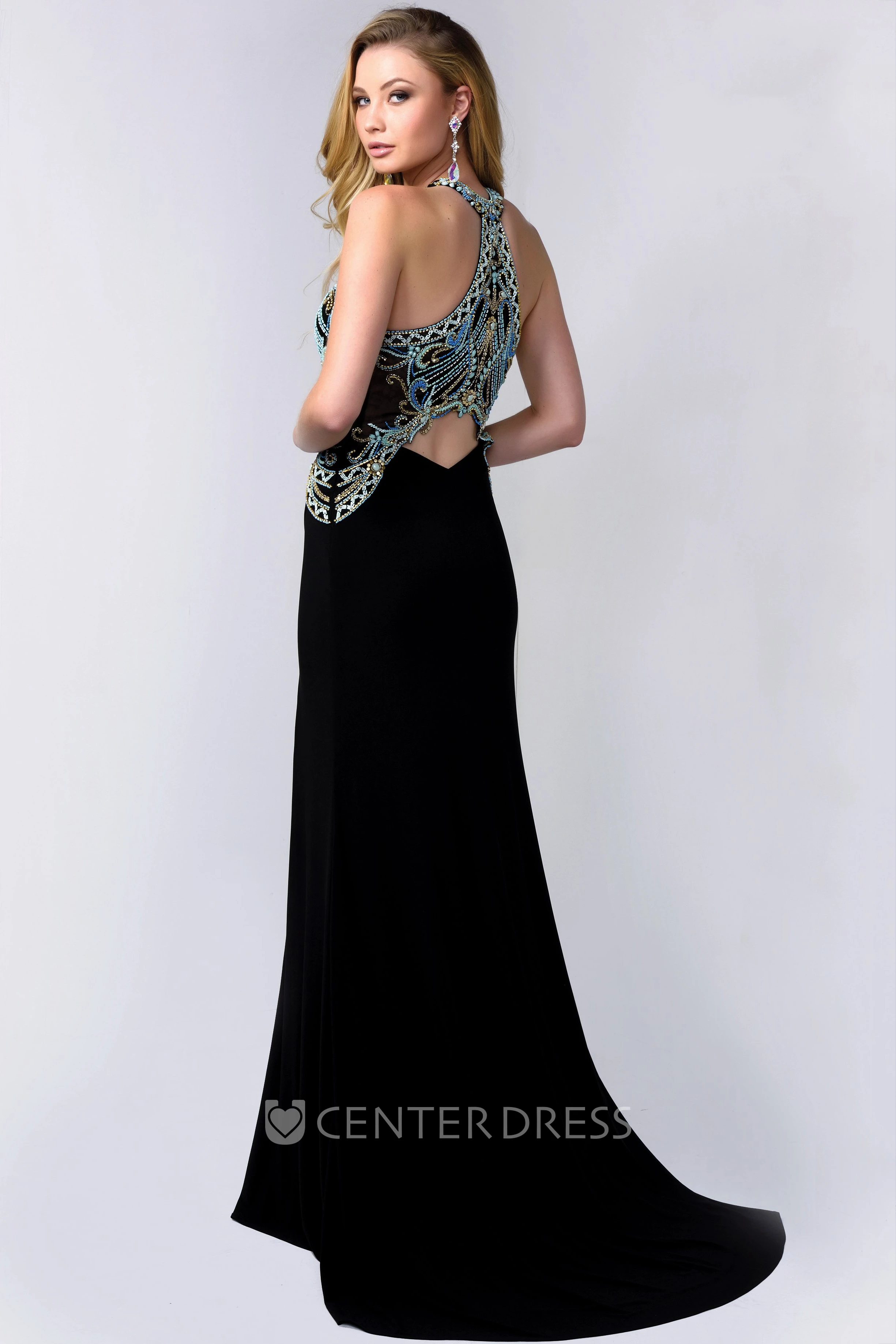 Sheath Jewel-Neck Sleeveless Jersey Dress With Beading And Split Front