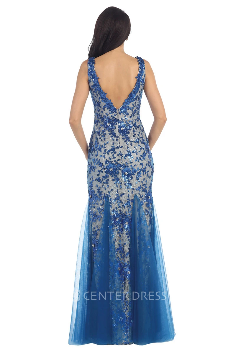 Sheath Floor-Length Bateau Sleeveless Tulle Deep-V Back Dress With Sequins