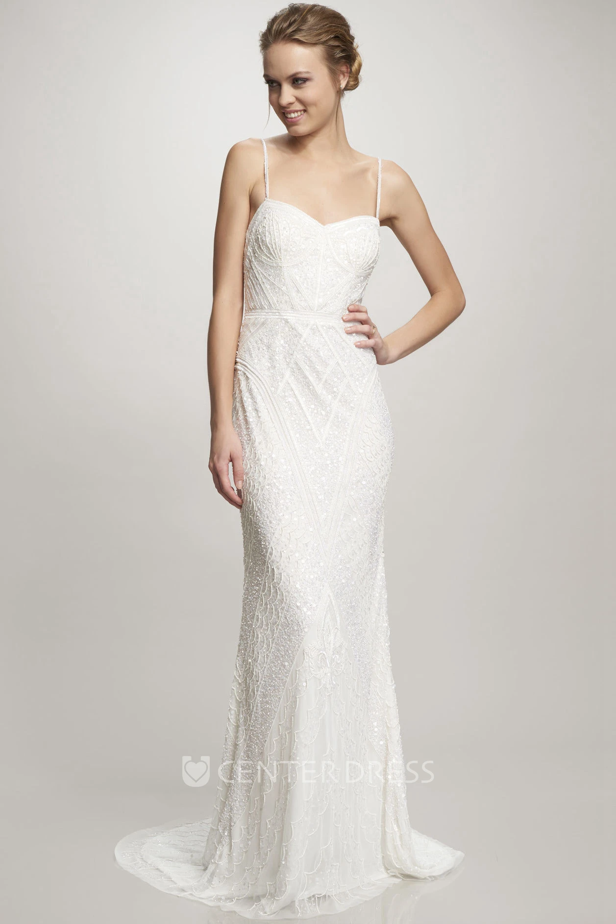 Maxi Spaghetti Beaded Chiffon Wedding Dress With Sweep Train