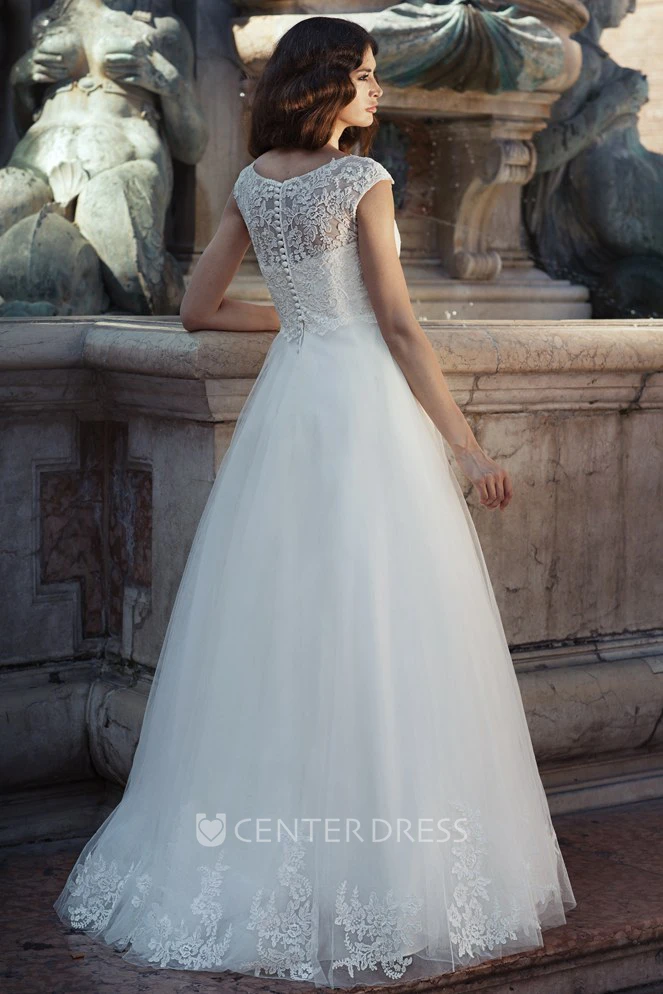 A-Line Long Appliqued Cap-Sleeve Scoop-Neck Tulle Wedding Dress