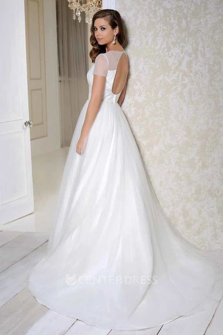 Maxi Square Ruched Short-Sleeve Organza Wedding Dress With Court Train And Keyhole