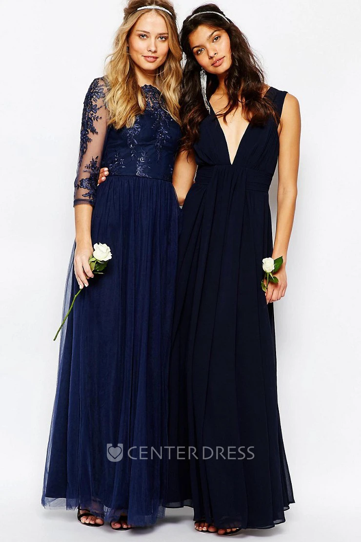 A-Line Appliqued Bateau-Neck 3-4-Sleeve Long Tulle Bridesmaid Dress With Pleats