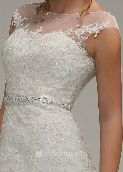 A-Line Jeweled Cap-Sleeve Scoop-Neck Lace Wedding Dress With Bow