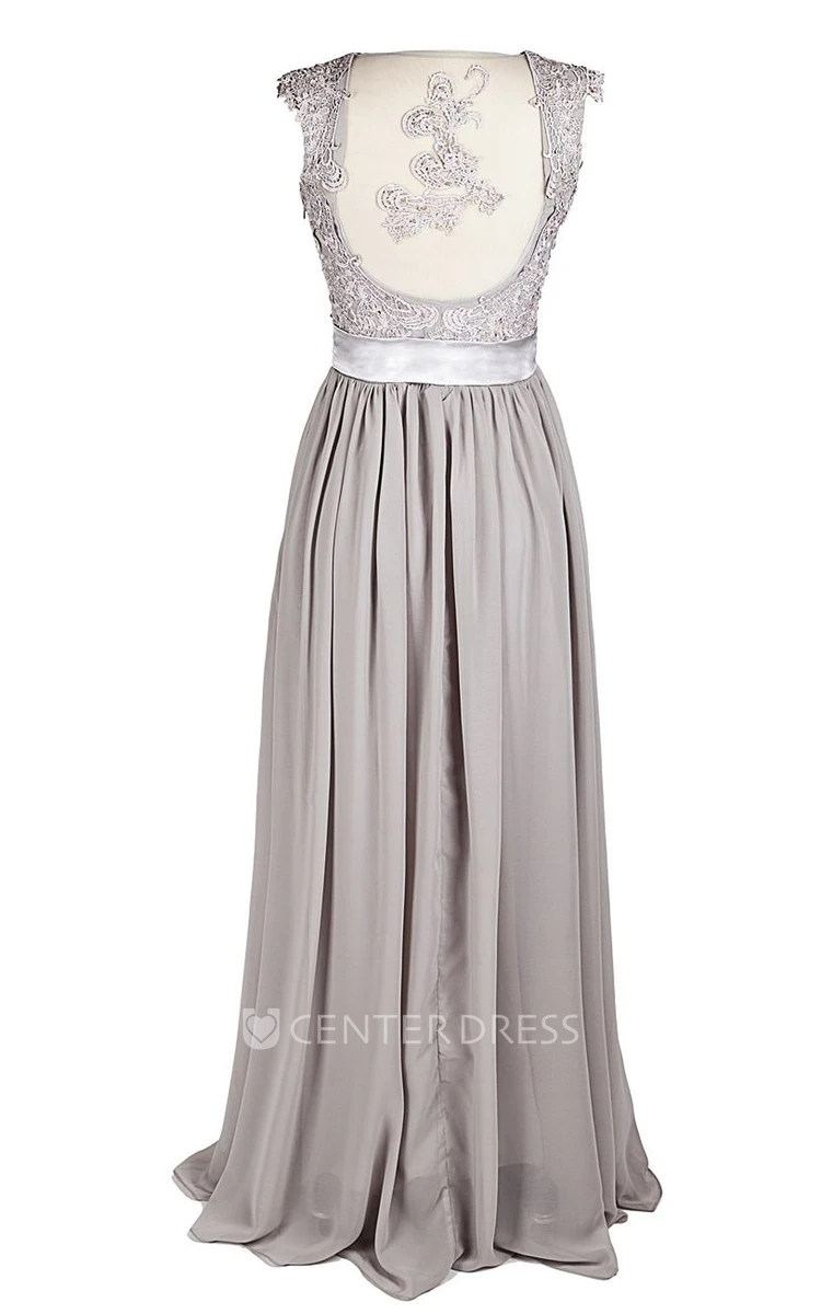 Cap-sleeve Long Dress With Lace Bodice and Sash