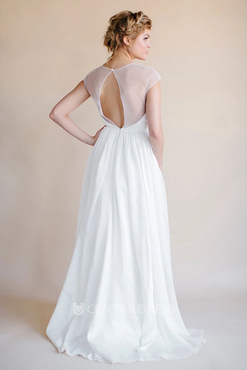 Sheath Empire Scoop-Neck Short-Sleeve Long Chiffon Wedding Dress With Keyhole