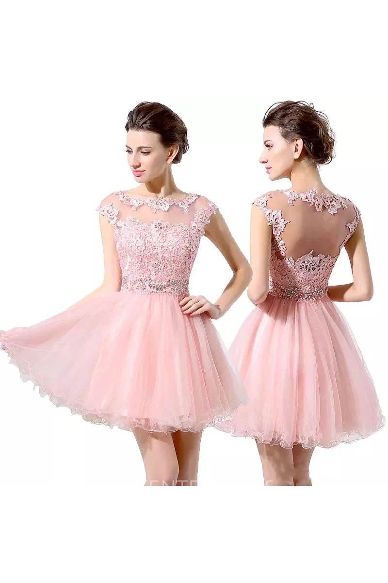 A-line Bateau Short Sleeve Beading Pleats Short Mini Lace Tulle Homecoming Dress