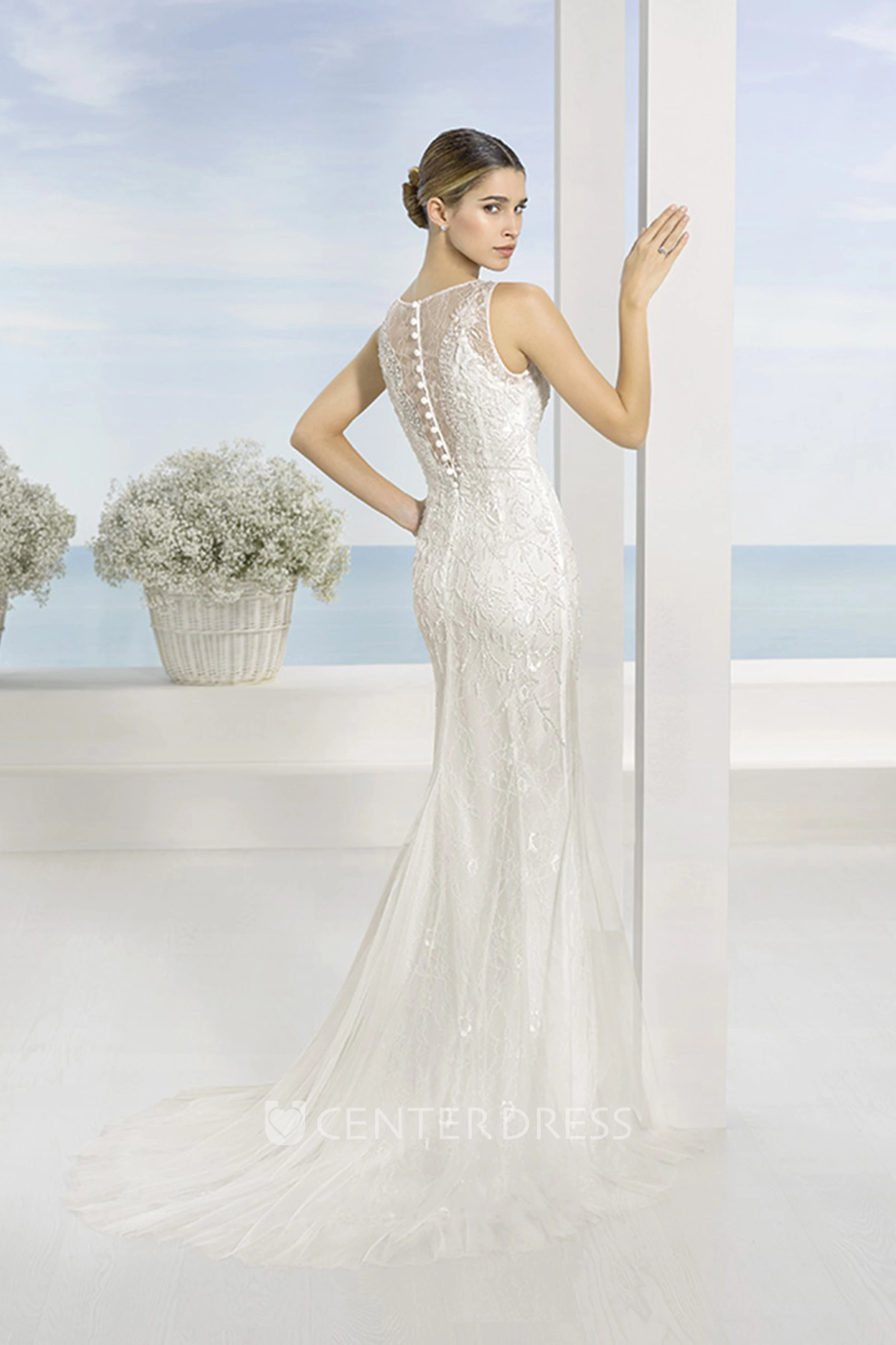 Sheath Appliqued Floor-Length Bateau Sleeveless Lace Spring Wedding Dress With Sweep Train And Illusion Back