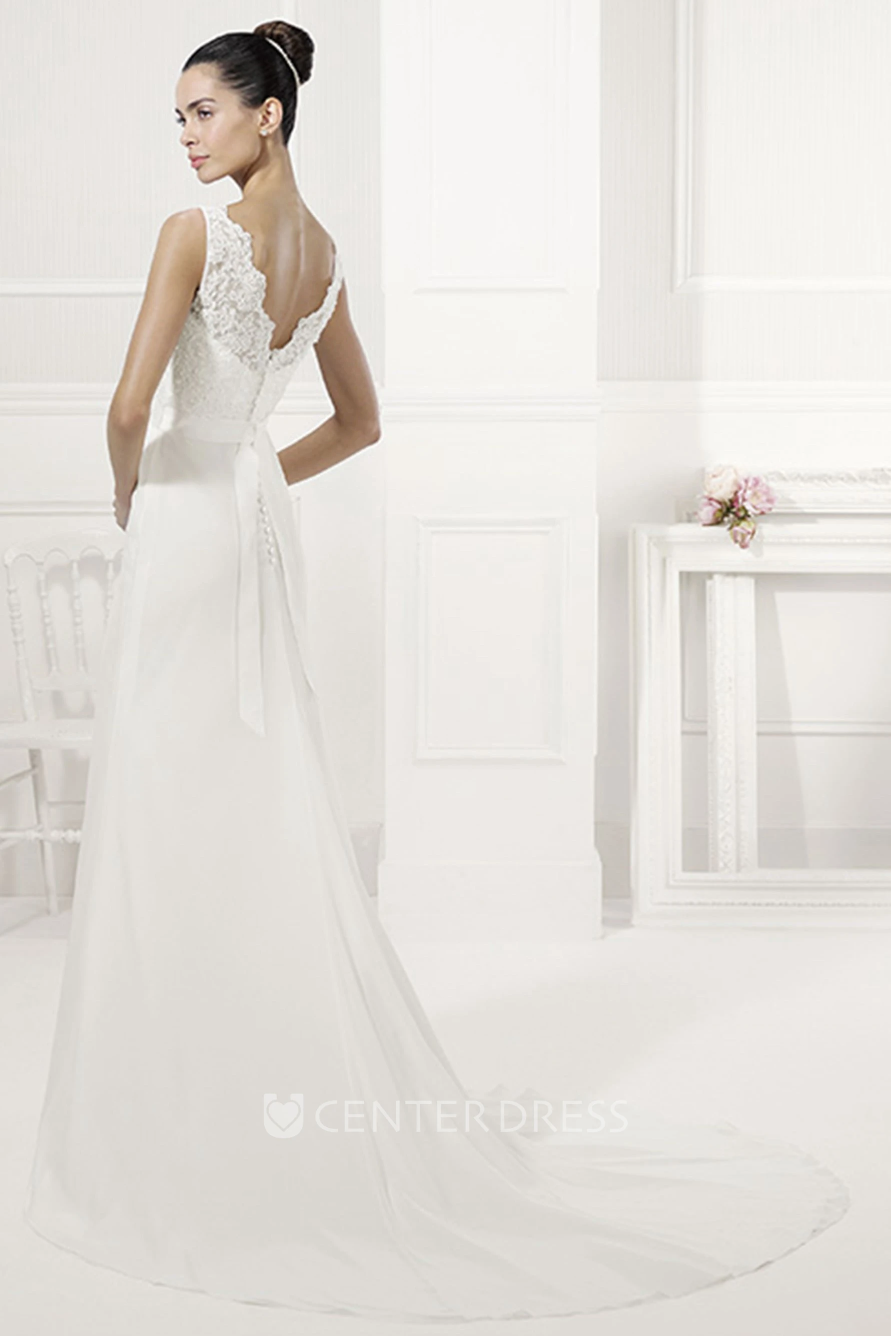 V Back Sequined Lace Top Sheath Bridal Gown With Sash