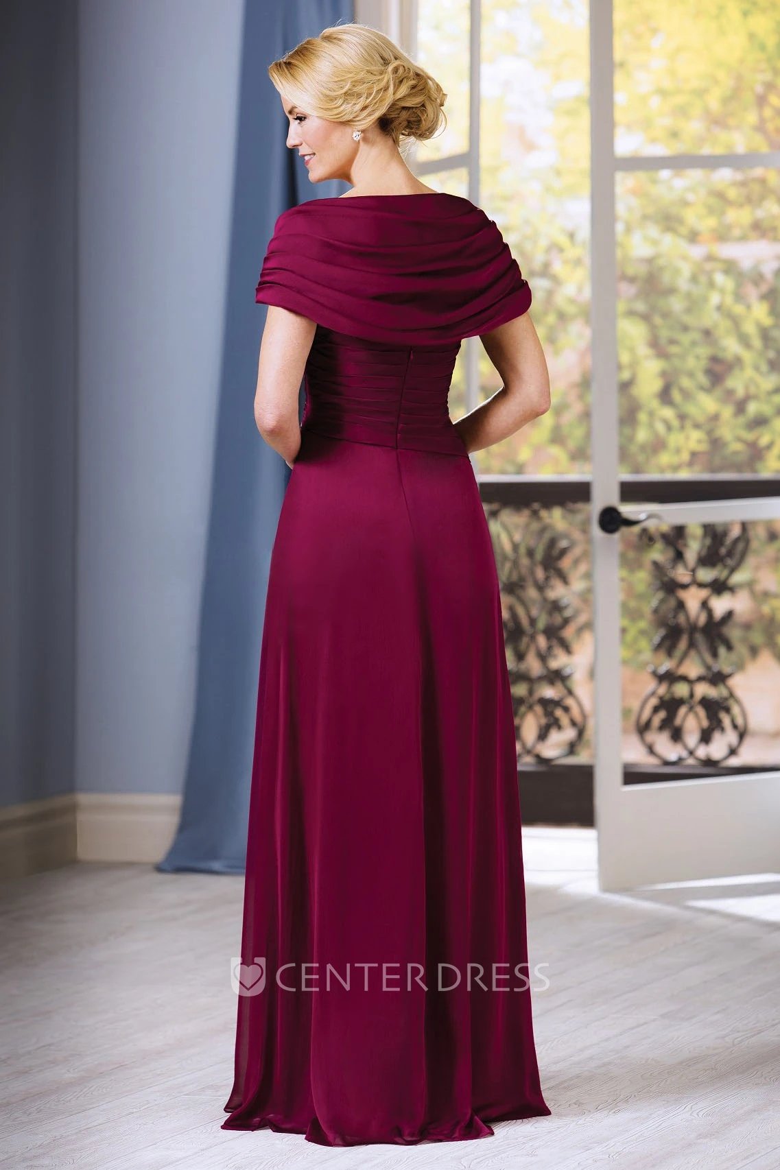 Short-Sleeved A-Line Gown With Beadings And Ruching