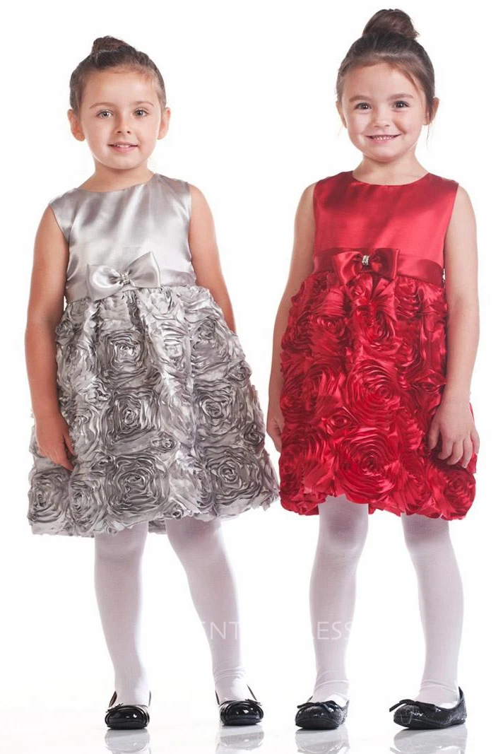 Midi Tiered Bowed Satin Flower Girl Dress