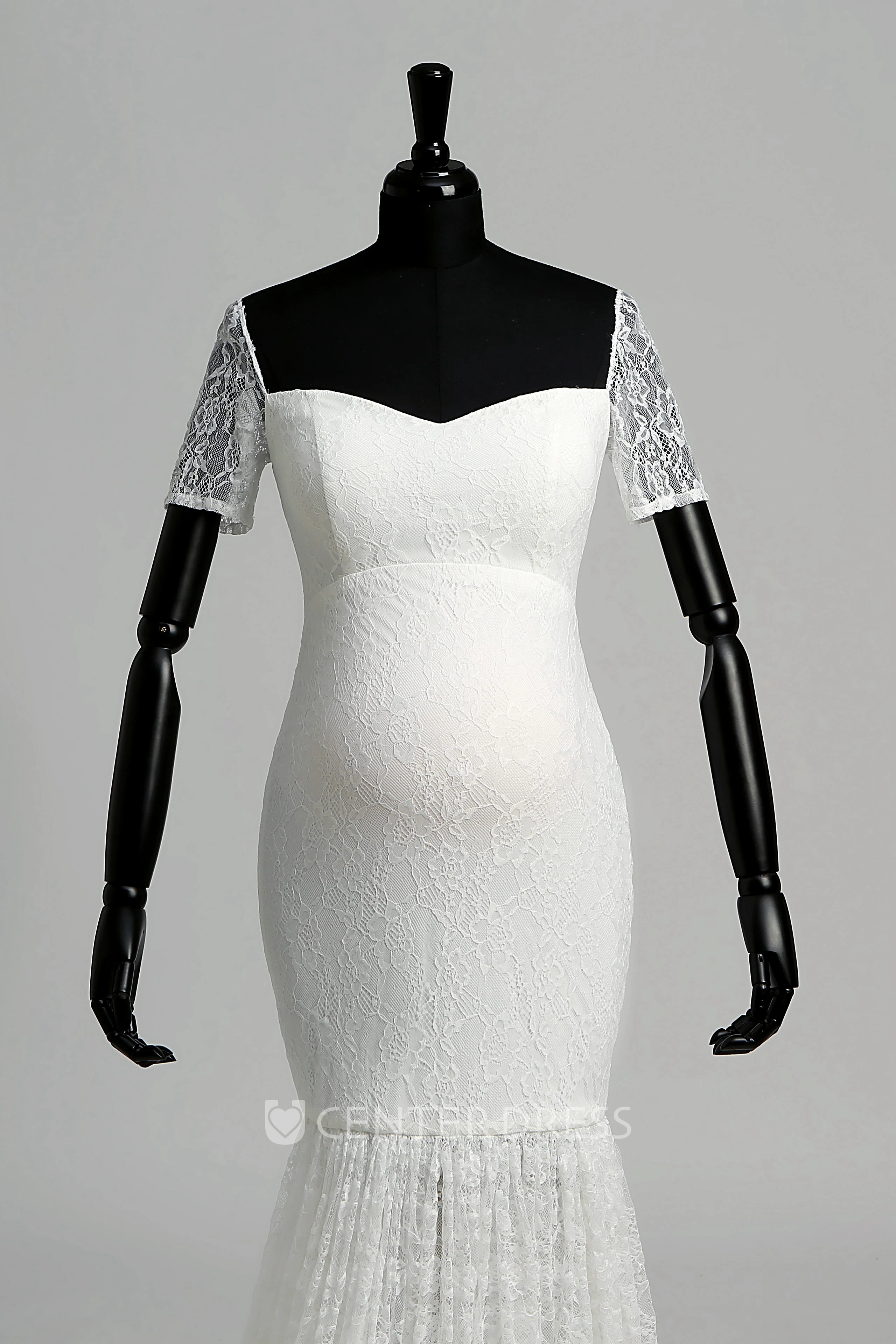 Lace Mermaid Off-the-shoulder Illusion Short Sleeve Maternity Wedding Dress with Pleats