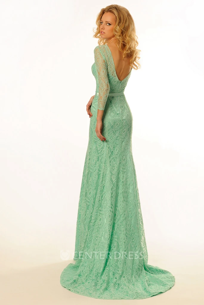 Maxi Ribboned Scoop Neck 3-4 Sleeve Lace Prom Dress With Brush Train