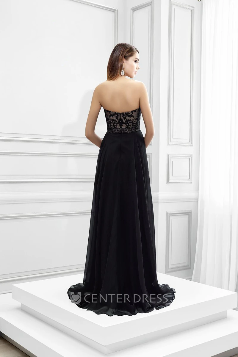 Appliqued Strapless Chiffon Prom Dress With Beading And Waist Jewellery