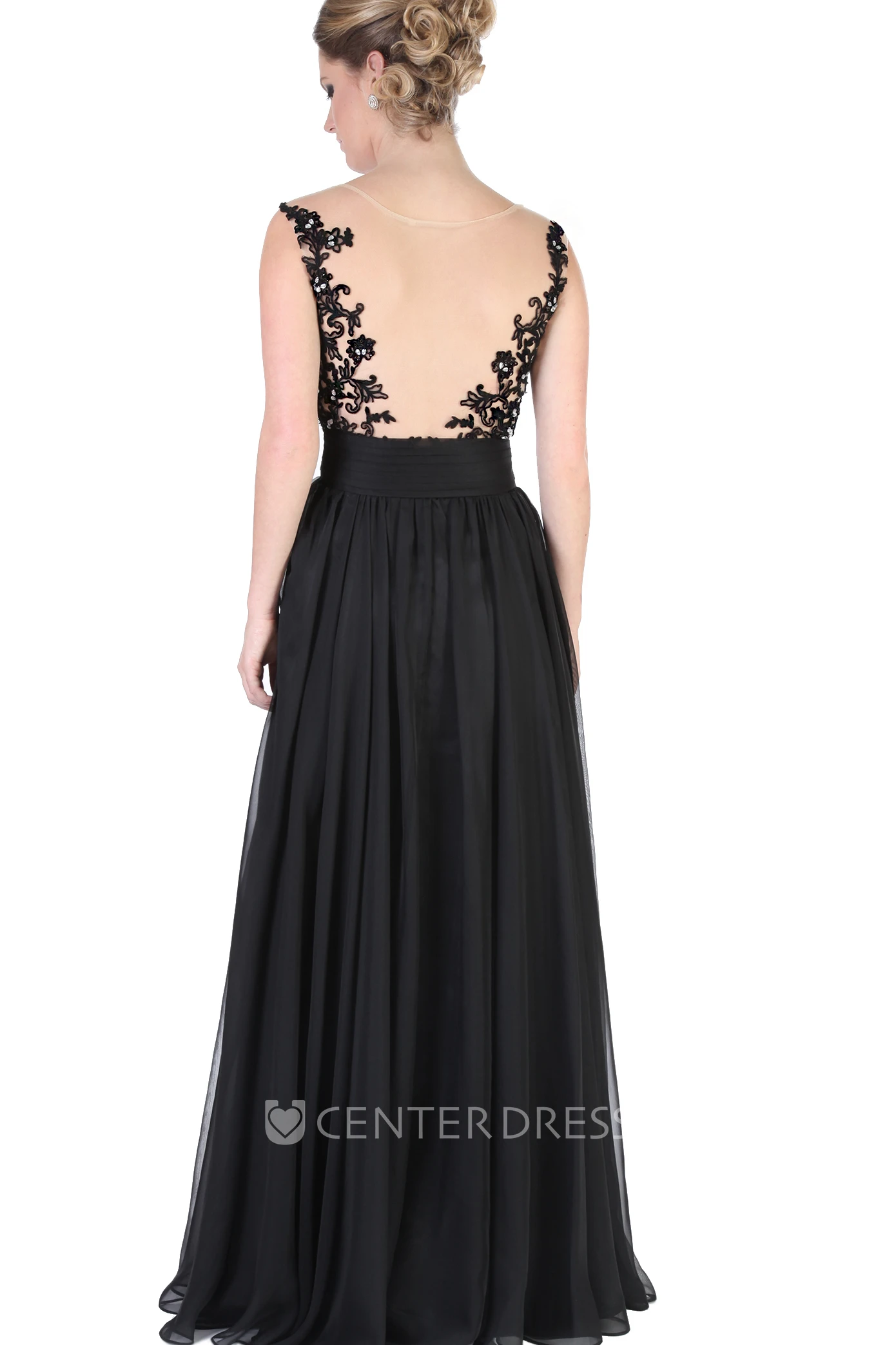 A-Line Appliqued Bateau-Neck Cap-Sleeve Floor-Length Evening Dress With Pleats