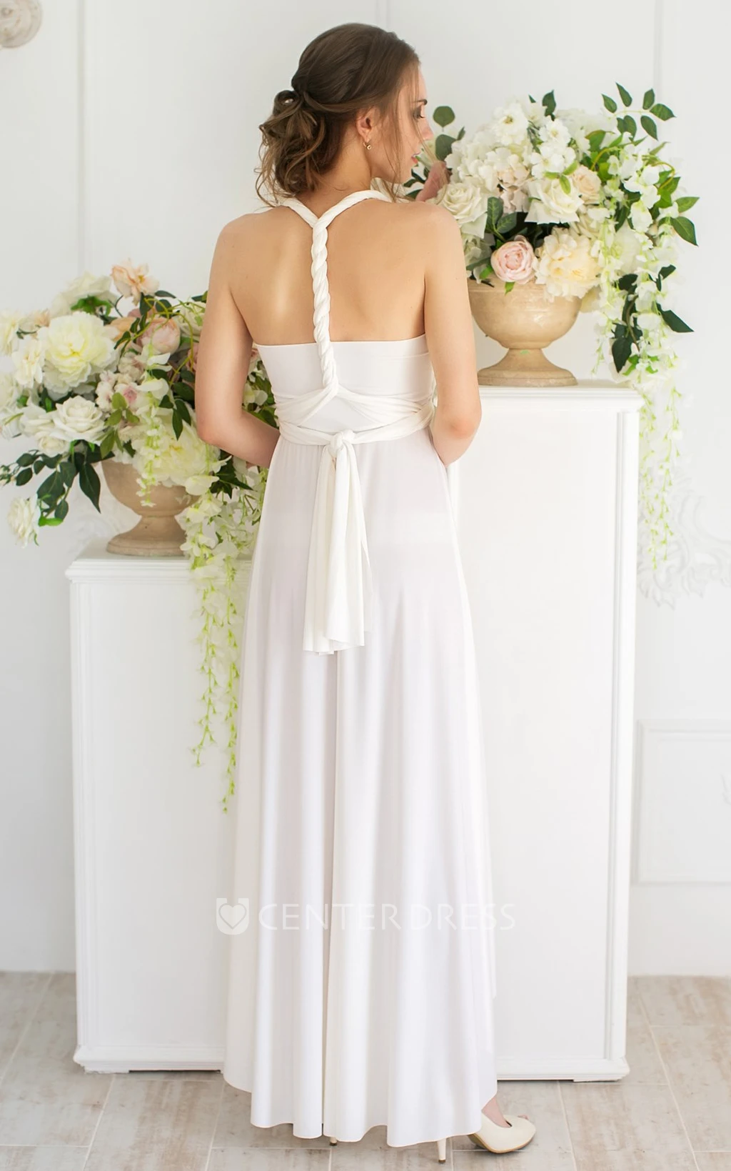 Convertible Simple V-neck A Line Jersey Bridesmaid Dress With Open Back And Sash