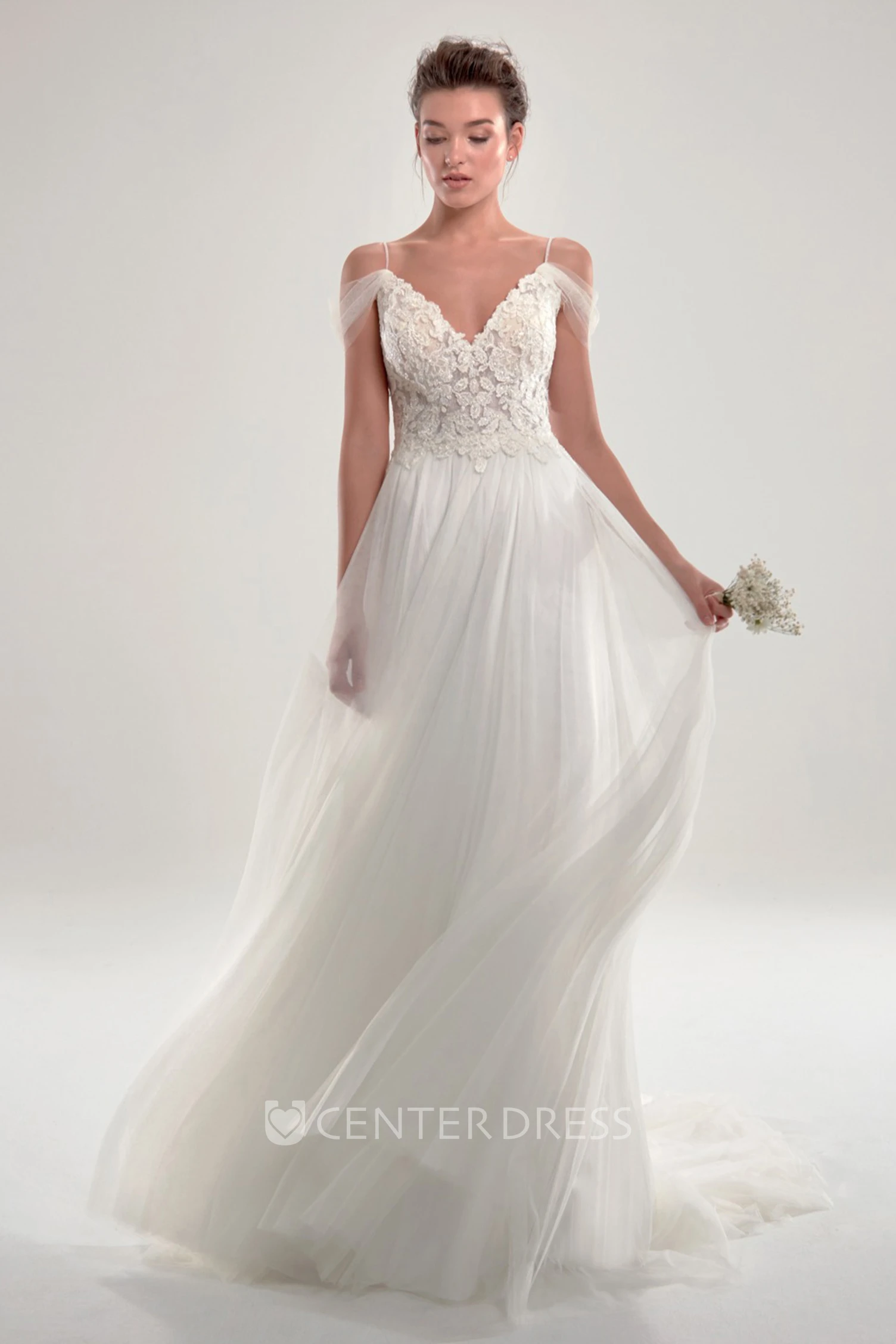 Ethereal Off The Shoulder Lace And Tulle Bridal Gown 