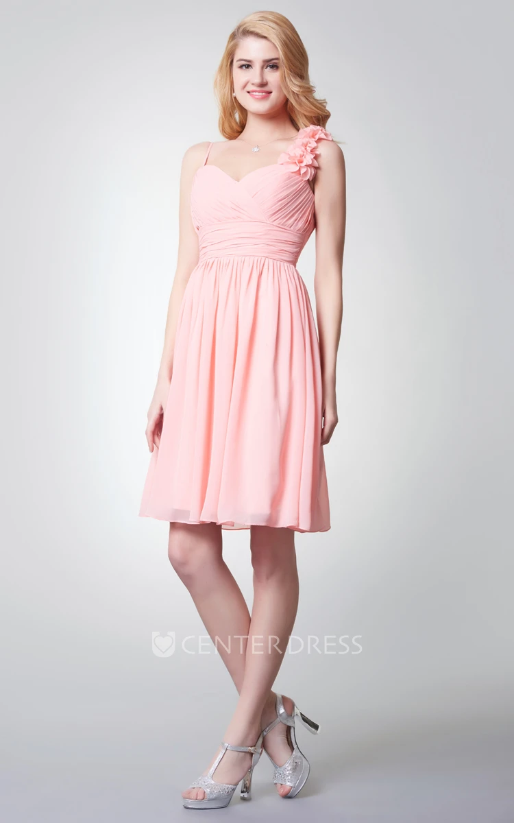Sleeveless Empire Waist Straps Short Chiffon Bridesmaid Dress With Flower Detailing