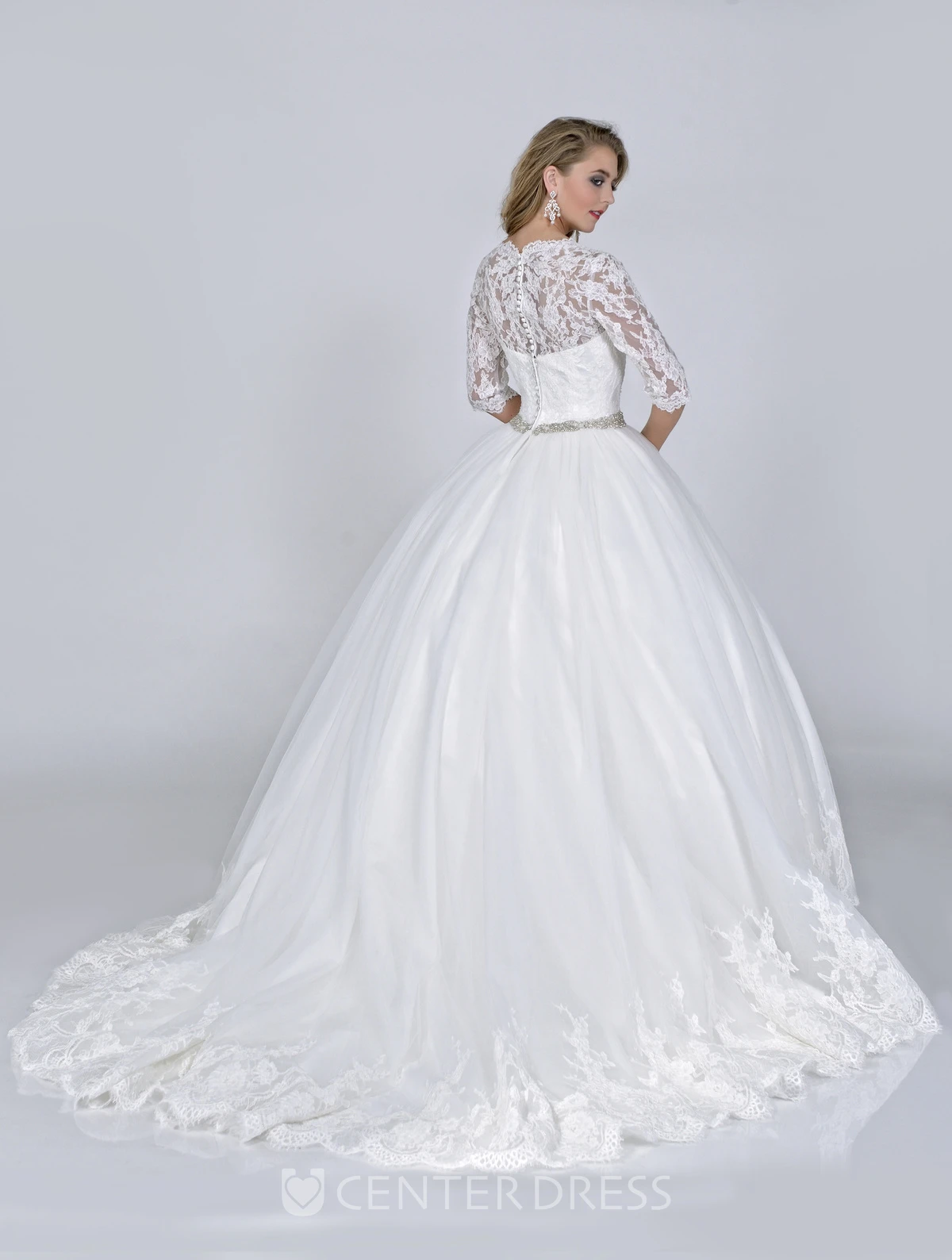 Half Sleeve Lace And Satin Ball Gown With Crystal Detailed Waist