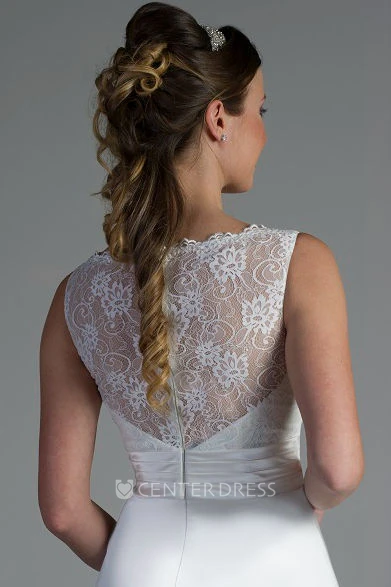 Bateau Neck Lace Top A-Line Satin Bridal Gown With Beading Sash