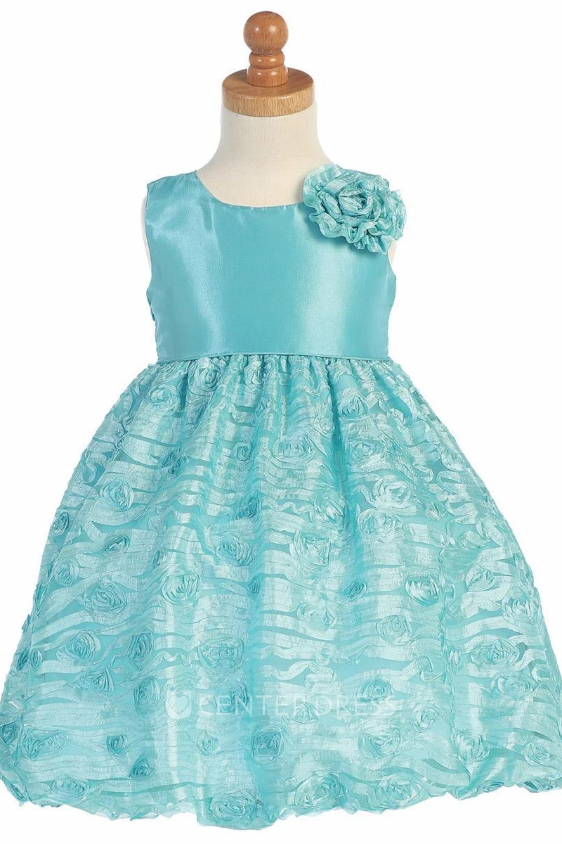 Floral Tea-Length Tiered Empire Tulle&Taffeta Flower Girl Dress With Embroidery