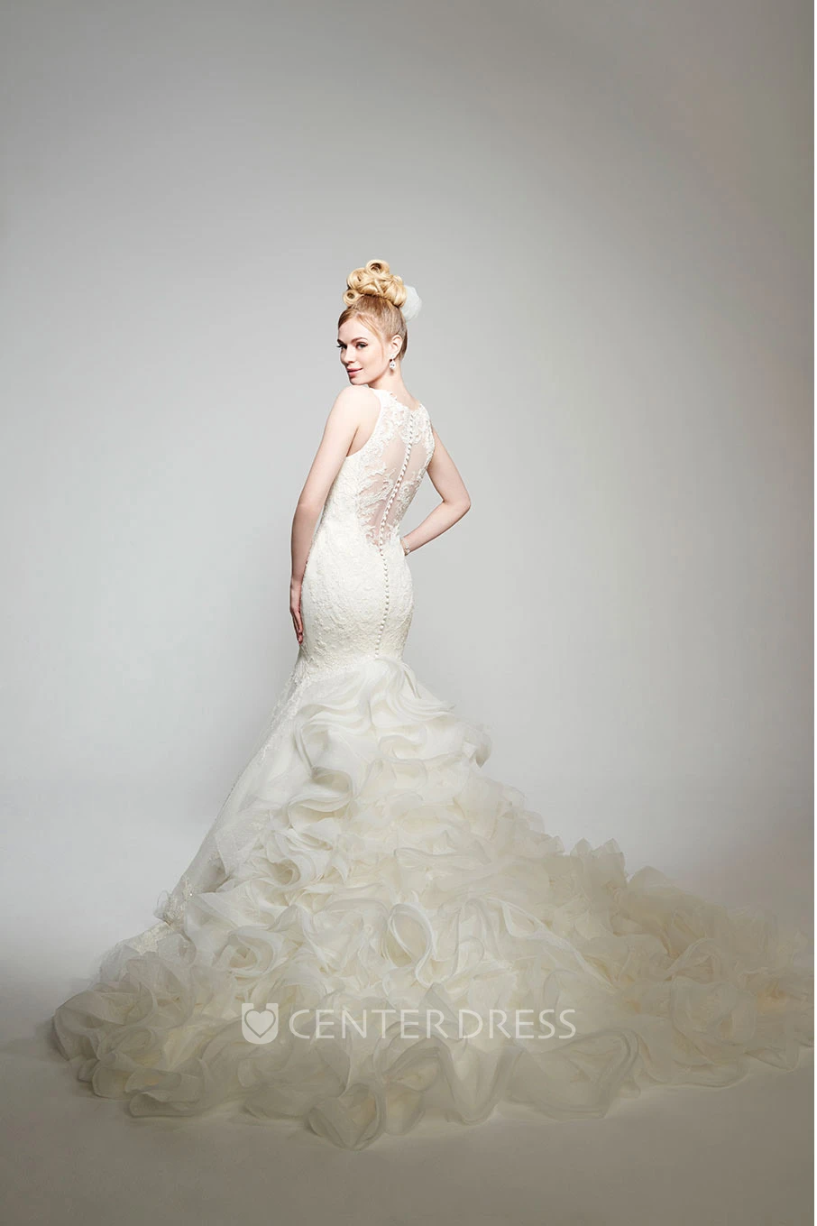 Mermaid Floor-Length Appliqued Sleeveless Jewel Lace Wedding Dress With Ruffles And Illusion Back