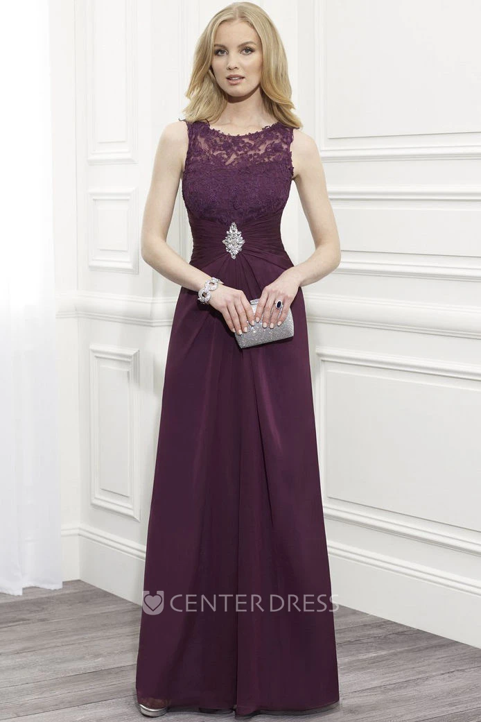 Sheath Scoop Neck Ruched Sleeveless Lace Formal Dress