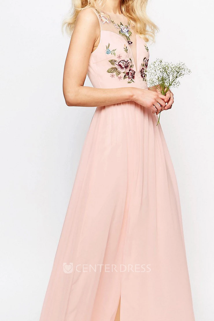 Sheath Ankle-Length Scoop-Neck Sleeveless Chiffon Bridesmaid Dress With Embroidery And Illusion