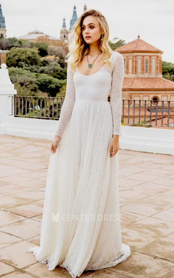 Boho A Line Scoop Neck Lace Floor-length Long Sleeve Winter Wedding Dress with Keyhole Back