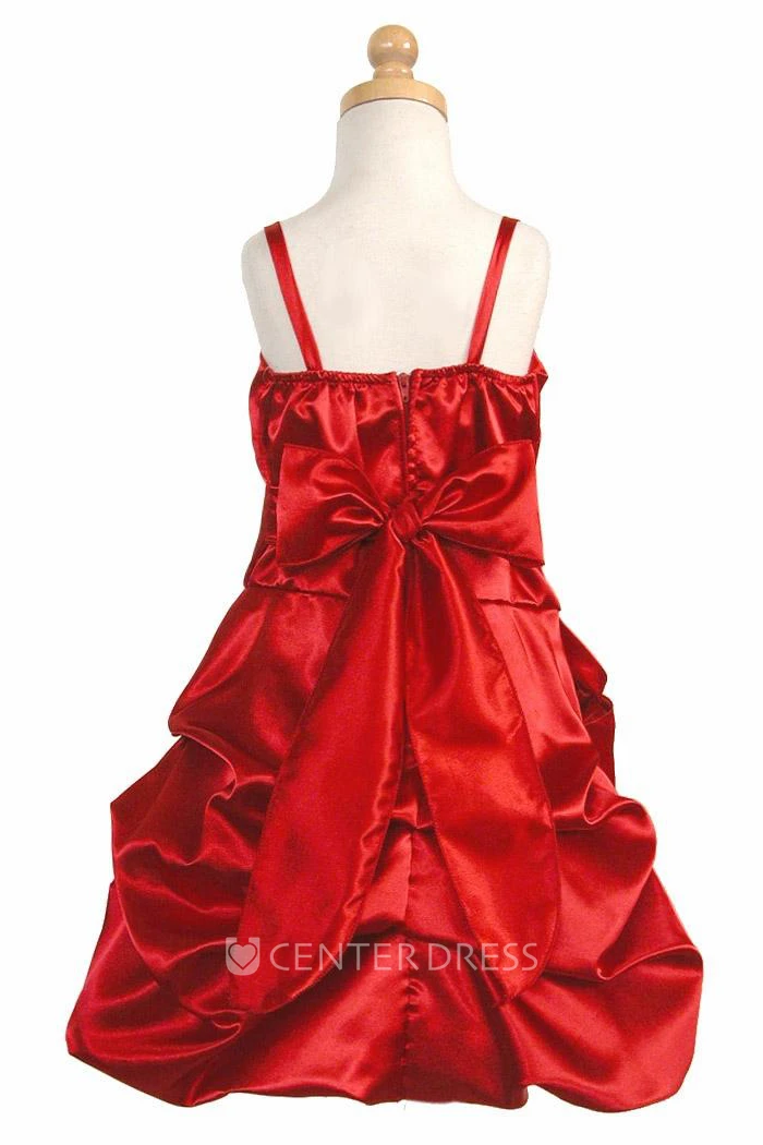 Cape Midi Floral Ruched Satin Flower Girl Dress With Ribbon