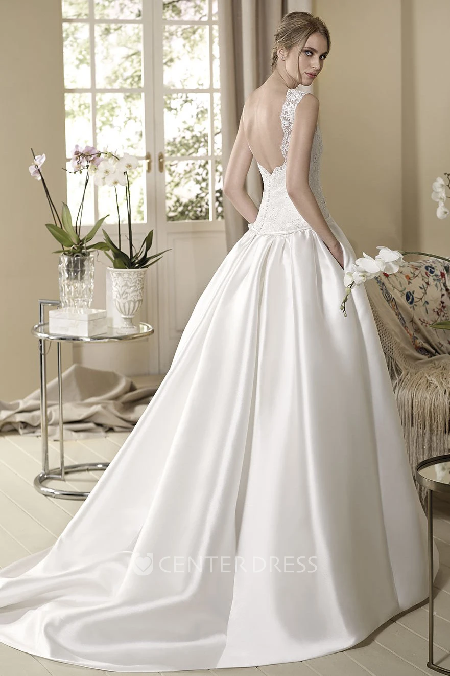 Ball Gown Sleeveless V-Neck Floor-Length Appliqued Satin Wedding Dress