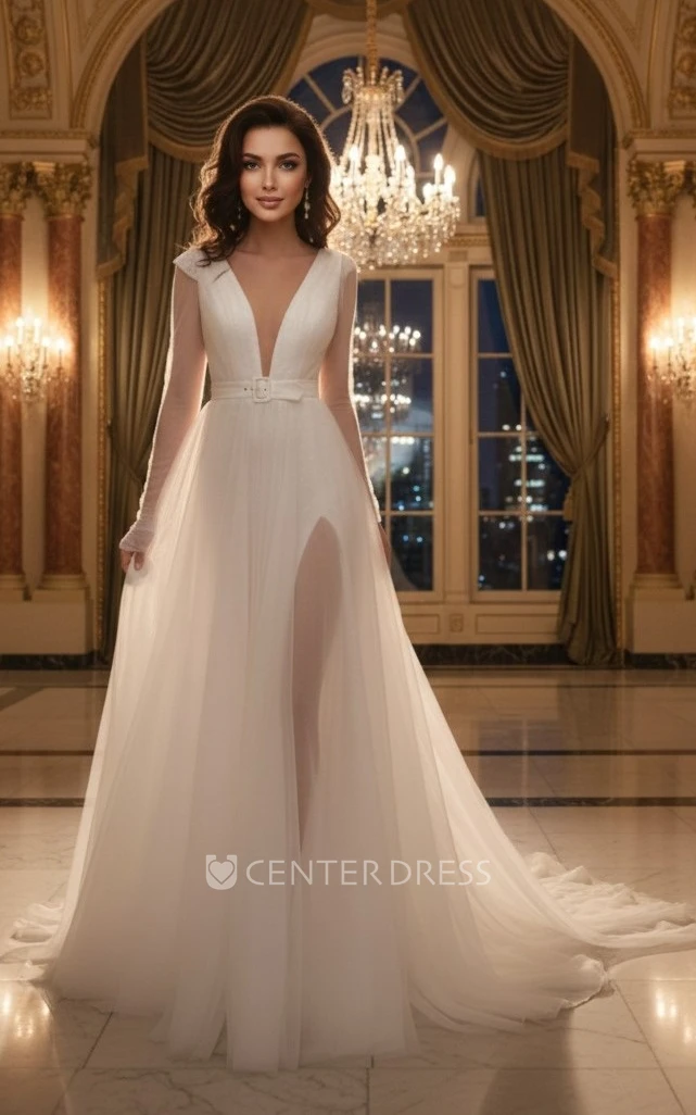 A Line Plunging V-Neck Tulle Wedding Dress Long Sleeve Train Gown with Slit & Sash