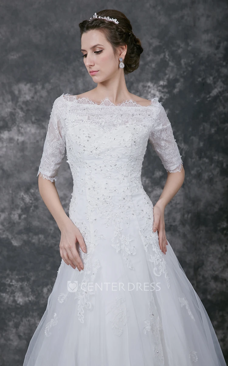 Illusion Half Sleeve A-line Tulle Gown With Lace Appliques and Beading