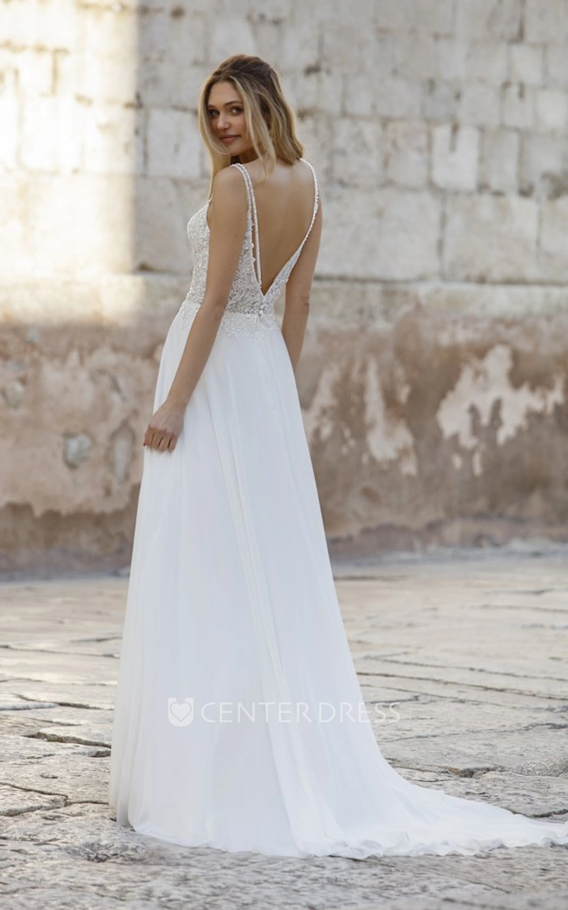 Sheath Deep V-neck Lace Sexy Floor-length Wedding Dress with Brush Train