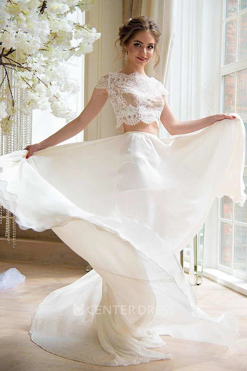 Bateau Short Sleeve Two-Piece Chiffon Wedding Dress With Lace Top