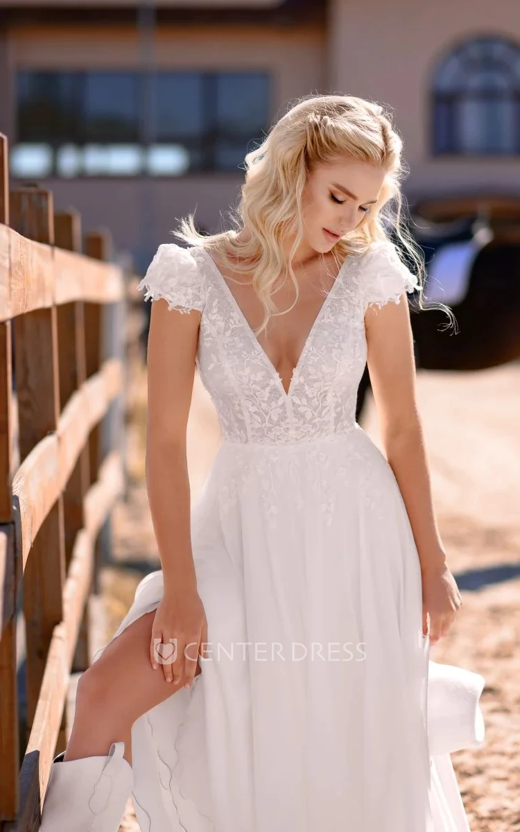 A-Line Chiffon Adorable Floor Length Sexy Front and Back Deep V Wedding Dress With Applique