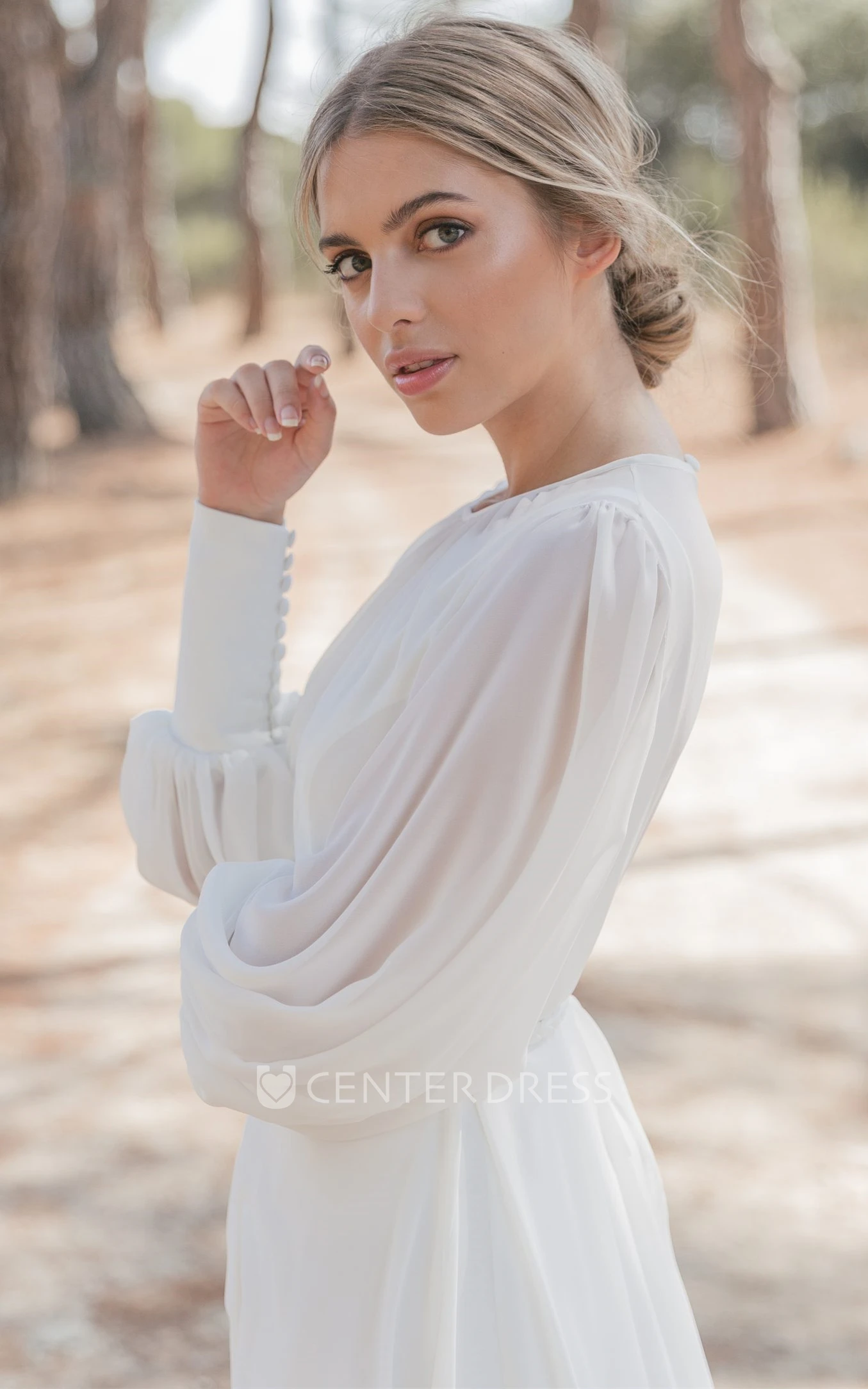 Casual High Neck A Line Chiffon Chapel Train Winter Wedding Dress with Ruching